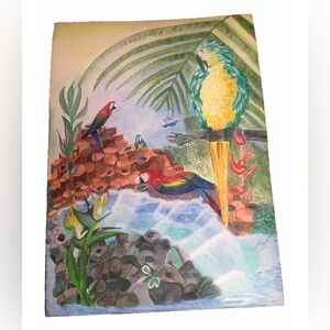 Original Macaw Parrot In Jungle Painting  Signed By Artist 21.5 X 29.5” Exotic